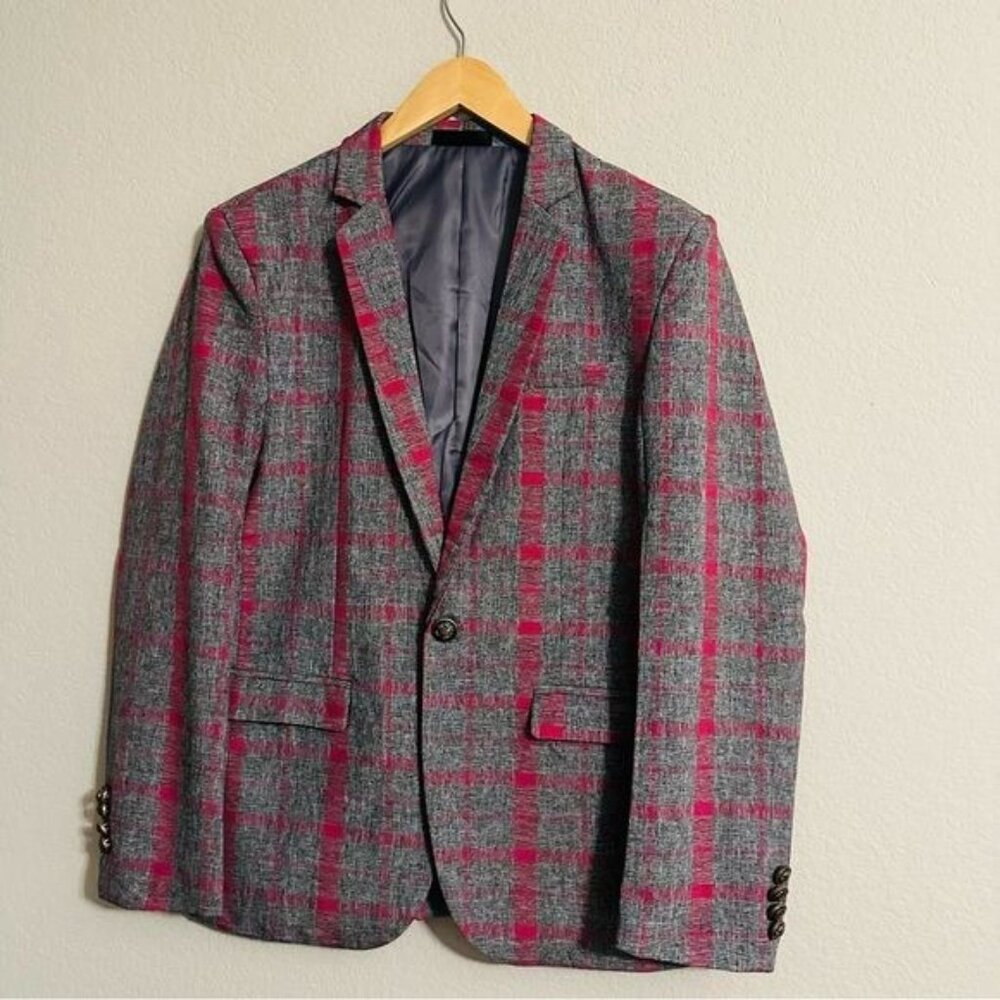 Women’s Oversized Plaid Blazer Gray & Hot Pink Size Large - Picture 2 of 9